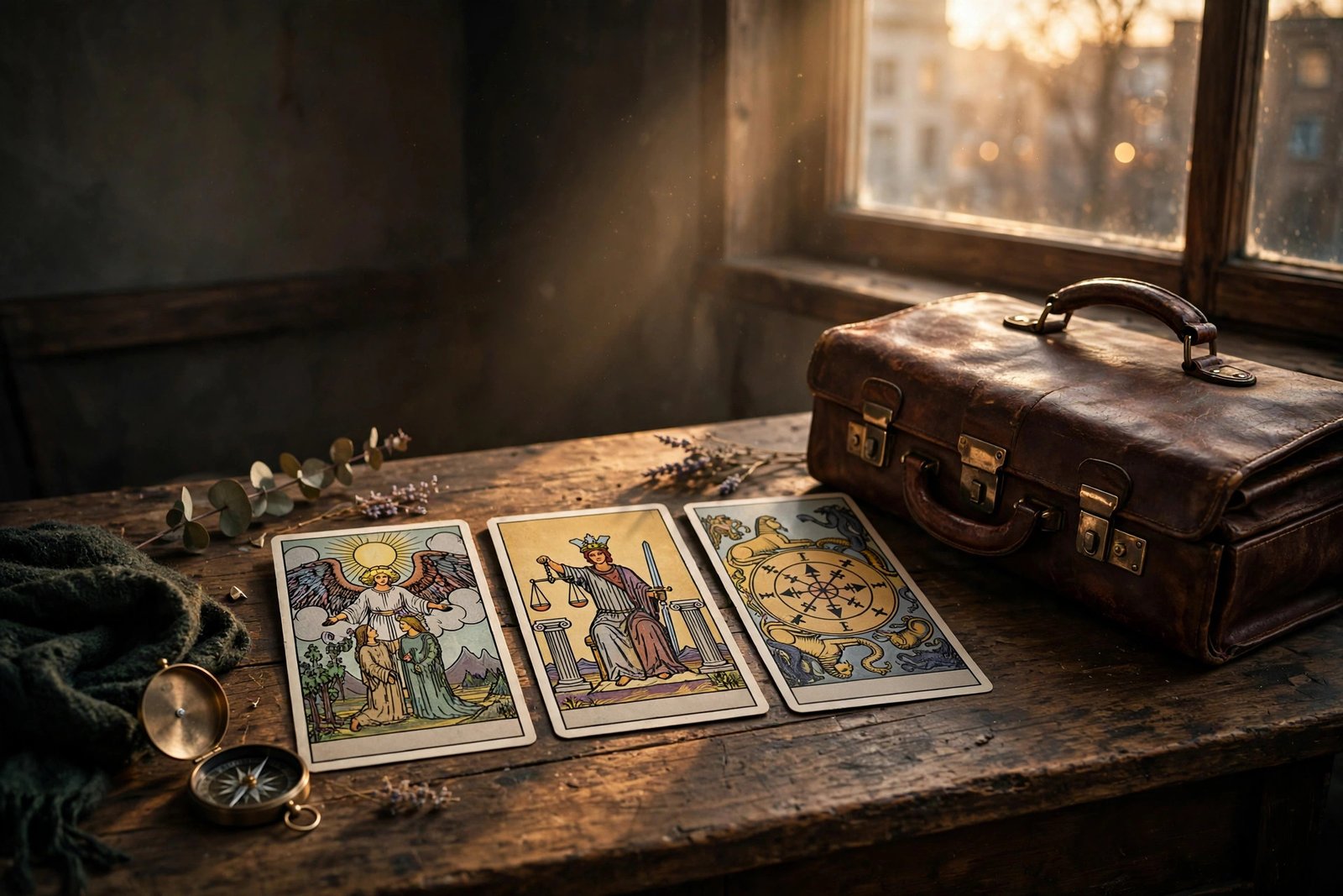 Tarot cards spread on a desk beside a briefcase, career crossroads decision