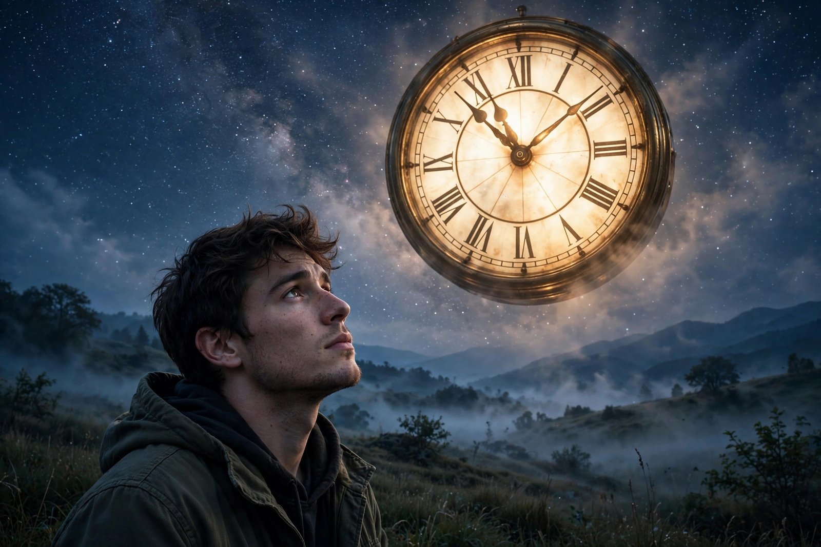 Person looking at a glowing clock showing 11:11 under a starry night sky