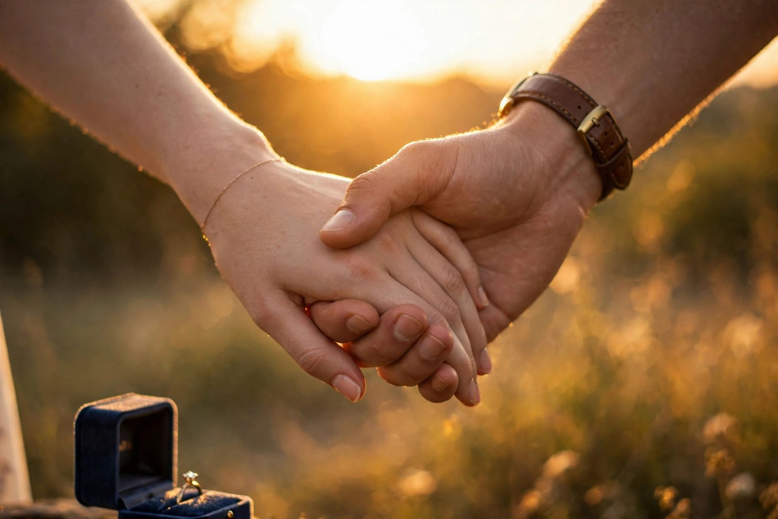 Couple holding hands at sunset, wondering if a proposal is coming