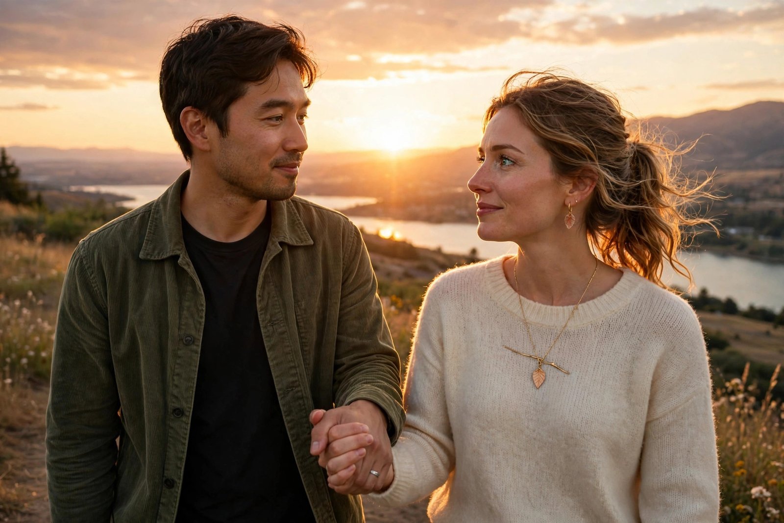 Couple holding hands at sunset with a hopeful reunion atmosphere