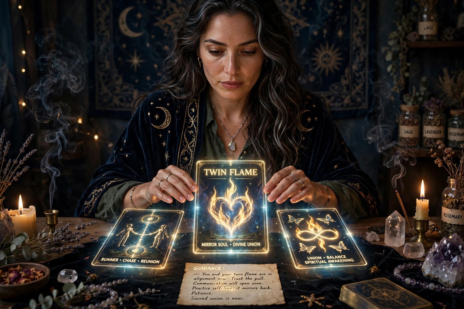 Psychic advisor with glowing tarot cards revealing twin flame guidance