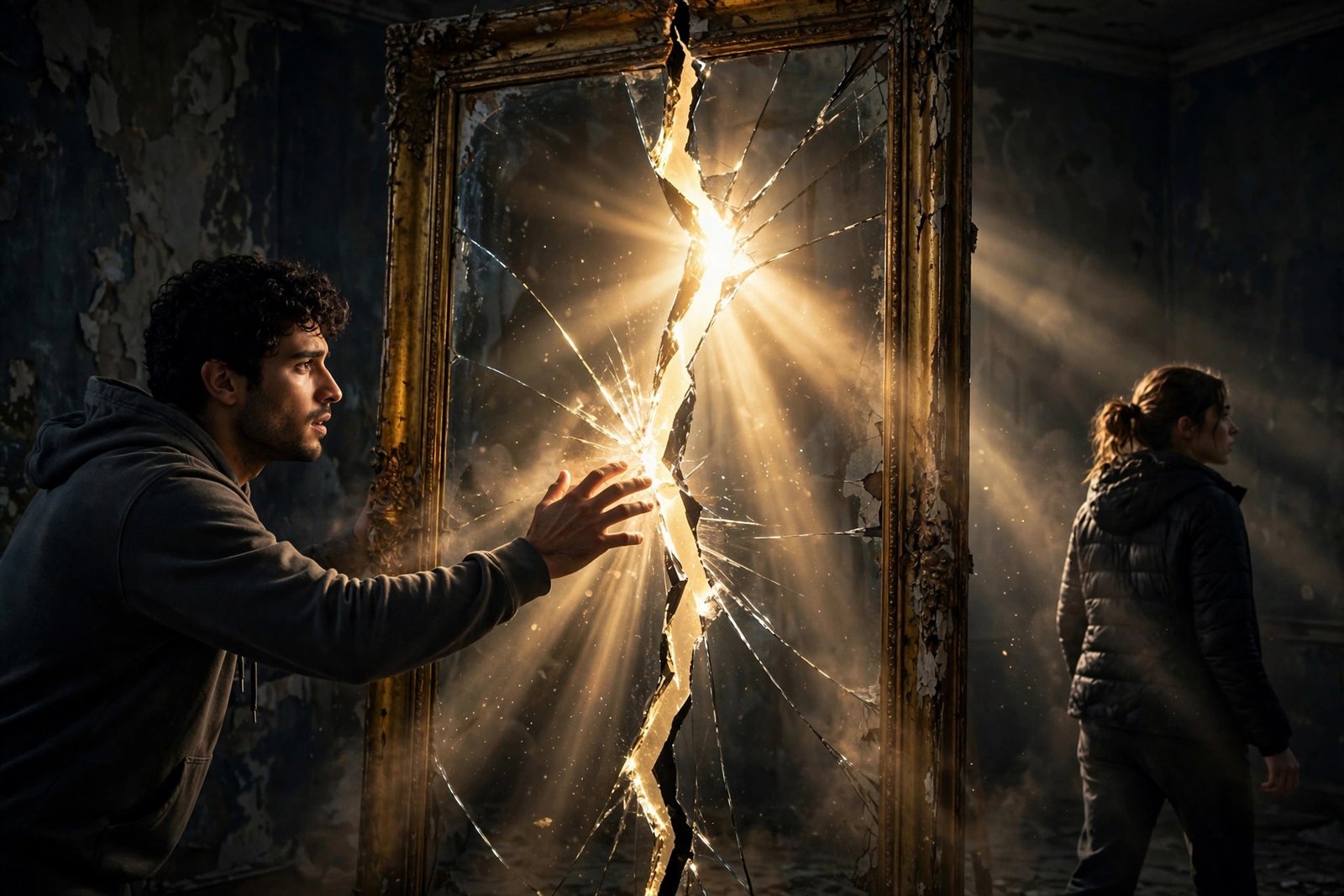 Two figures on opposite sides of a cracked mirror with light between them