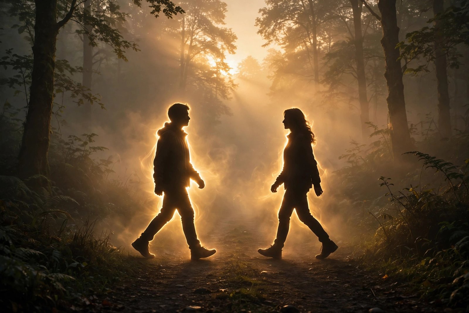 Two glowing figures reuniting on a misty path at dawn, twin flame runner return symbolism