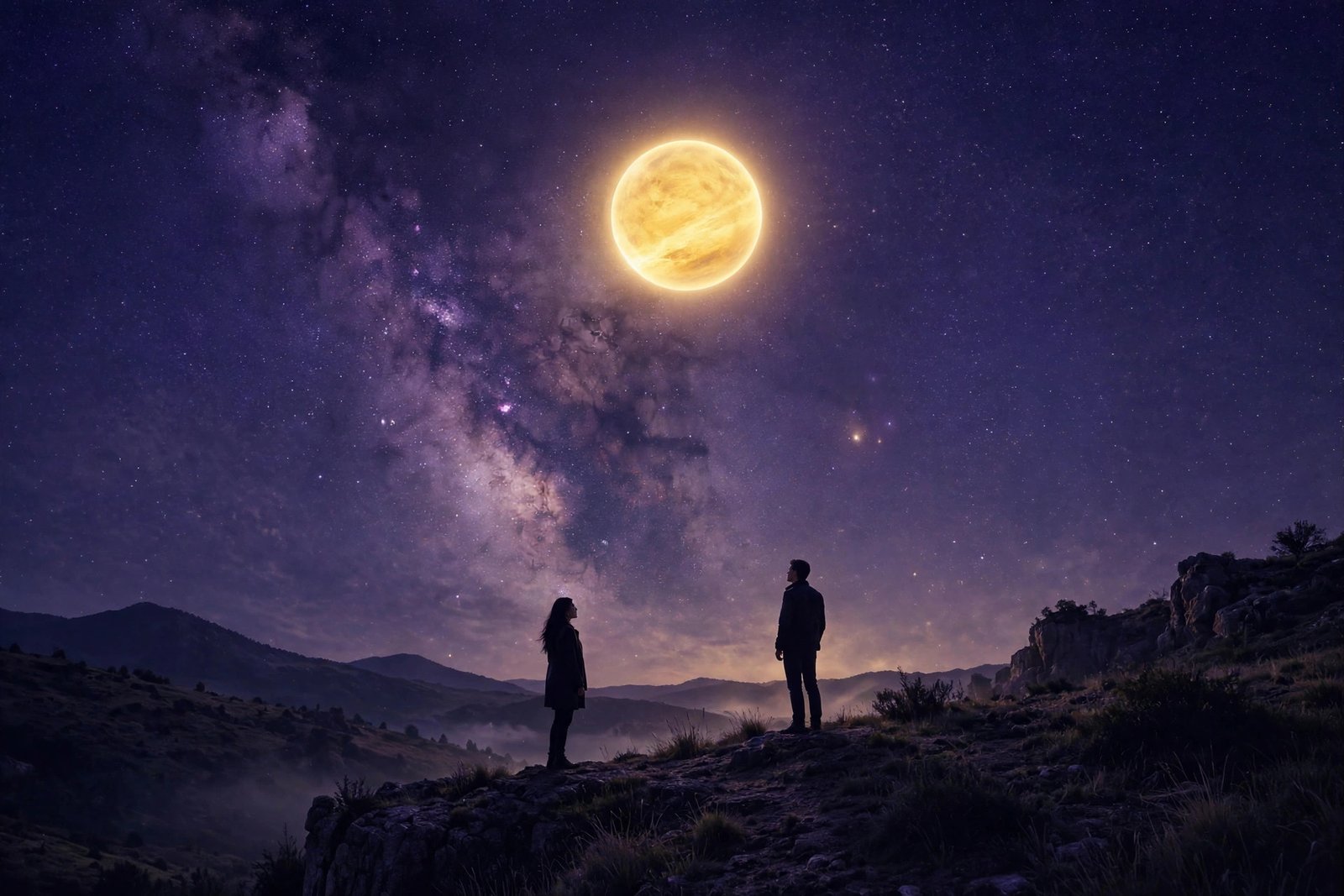 Planet Venus glowing in retrograde with a couple silhouetted under a starry sky