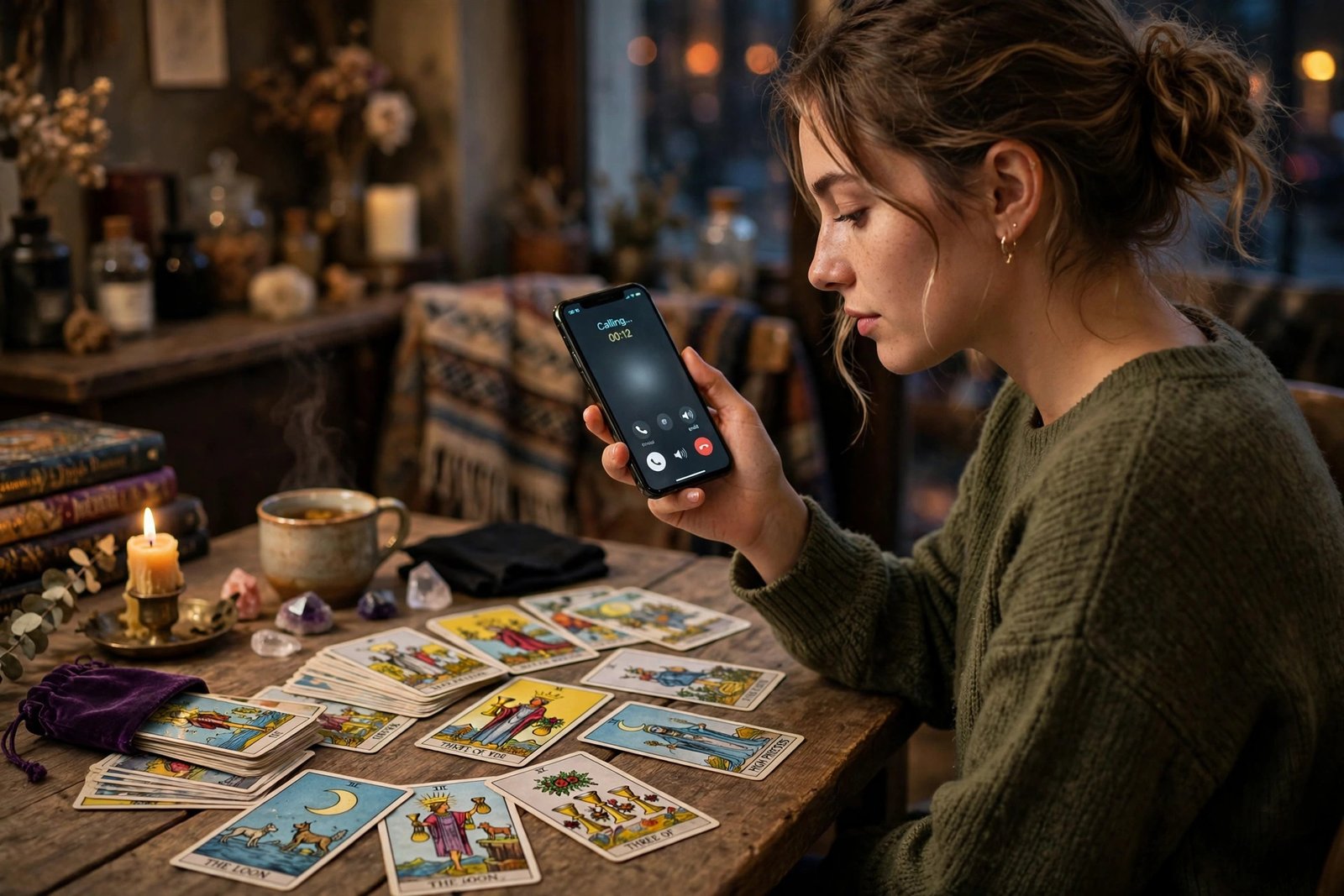 Person holding a phone with tarot cards spread on a table, waiting for contact