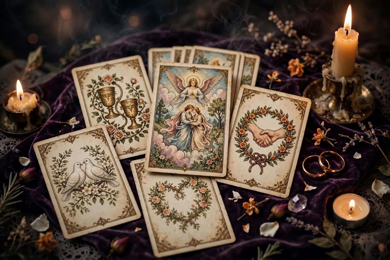 Tarot cards with wedding symbolism for a marriage prediction reading