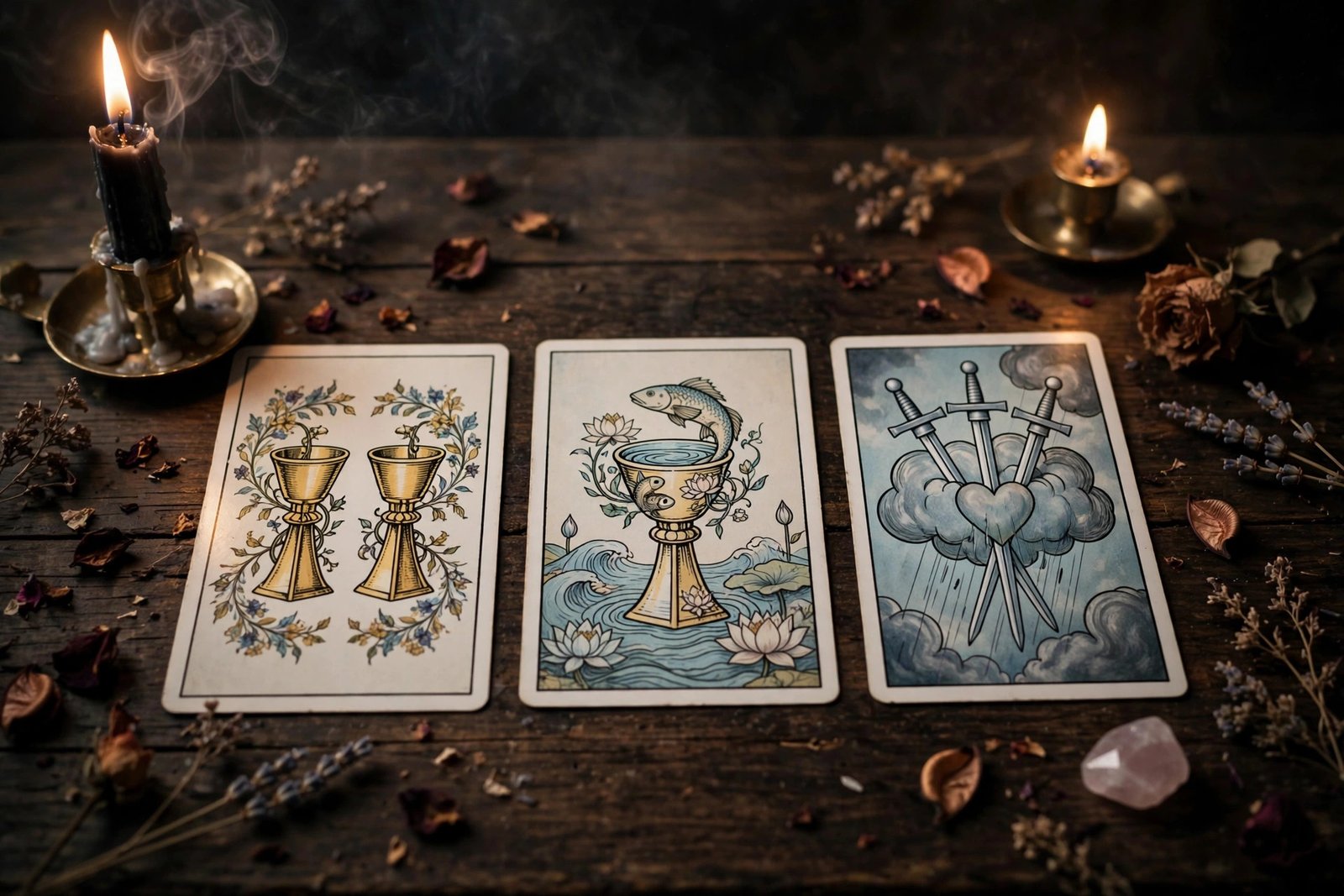 Tarot cards laid out for a love reading about whether an ex will come back
